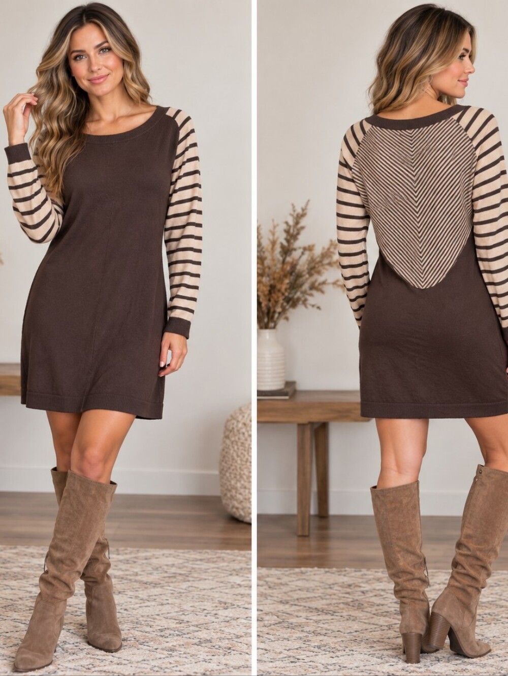 Tart striped‎ long  sleeve mini sweater dress size medium grey beige